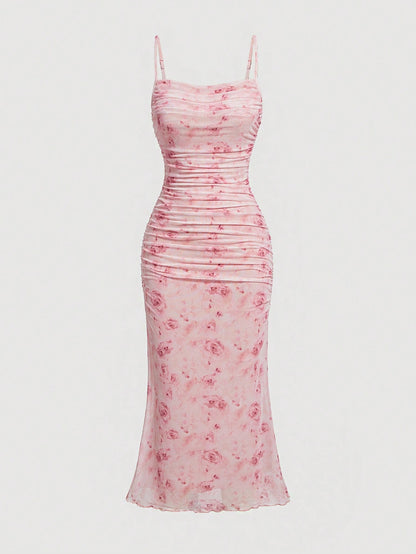 MOD Floral Print Ruched Lettuce Trim Mesh Slim Fit Valentine Day Pink Cami Dress,Summer Dresses for Women