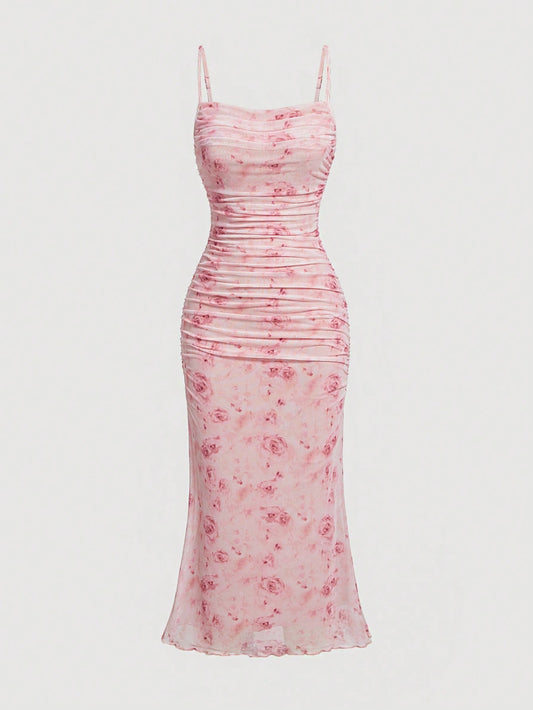 MOD Floral Print Ruched Lettuce Trim Mesh Slim Fit Valentine Day Pink Cami Dress,Summer Dresses for Women