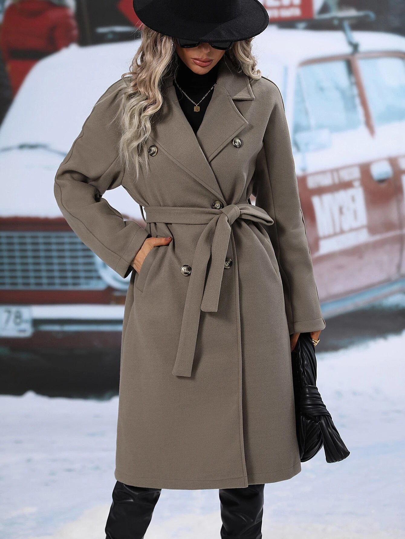 Rafferiza Lapel Neck Double Breasted Belted Overcoat