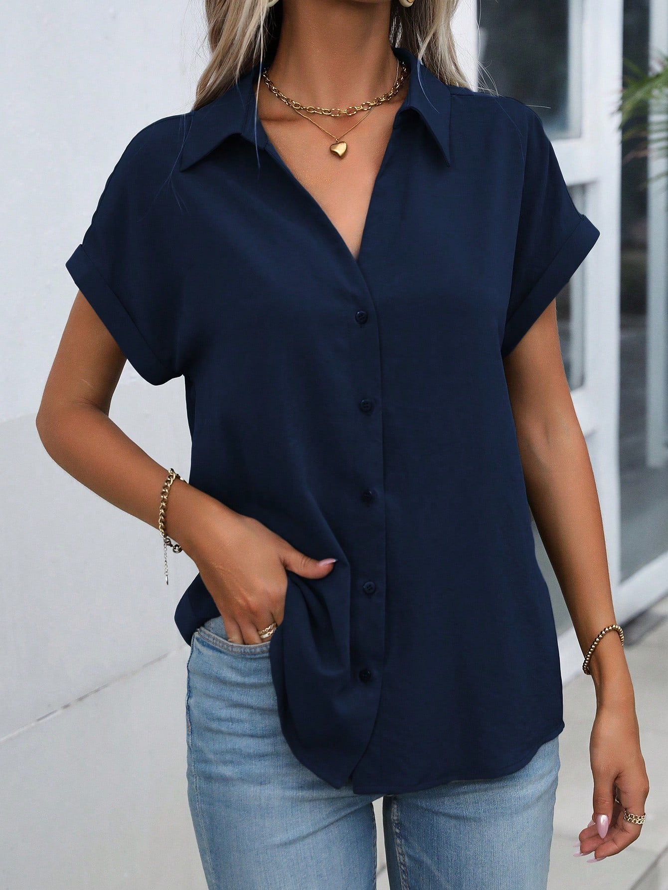 LUNE Solid Batwing Sleeve Shirt,Short Sleeve Tops