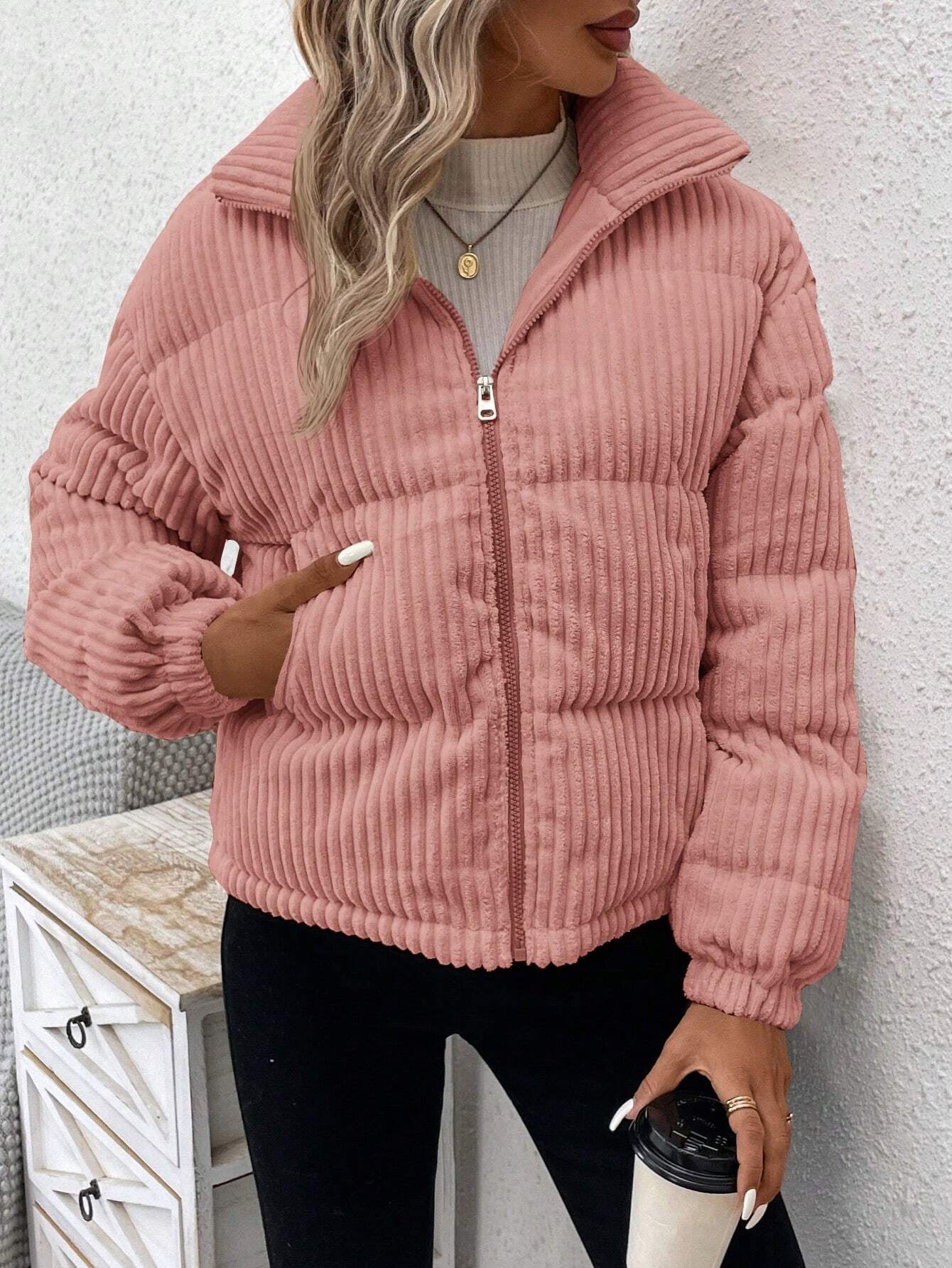 LUNE Solid Color Winter Corduroy Padded Coat, Simple Style