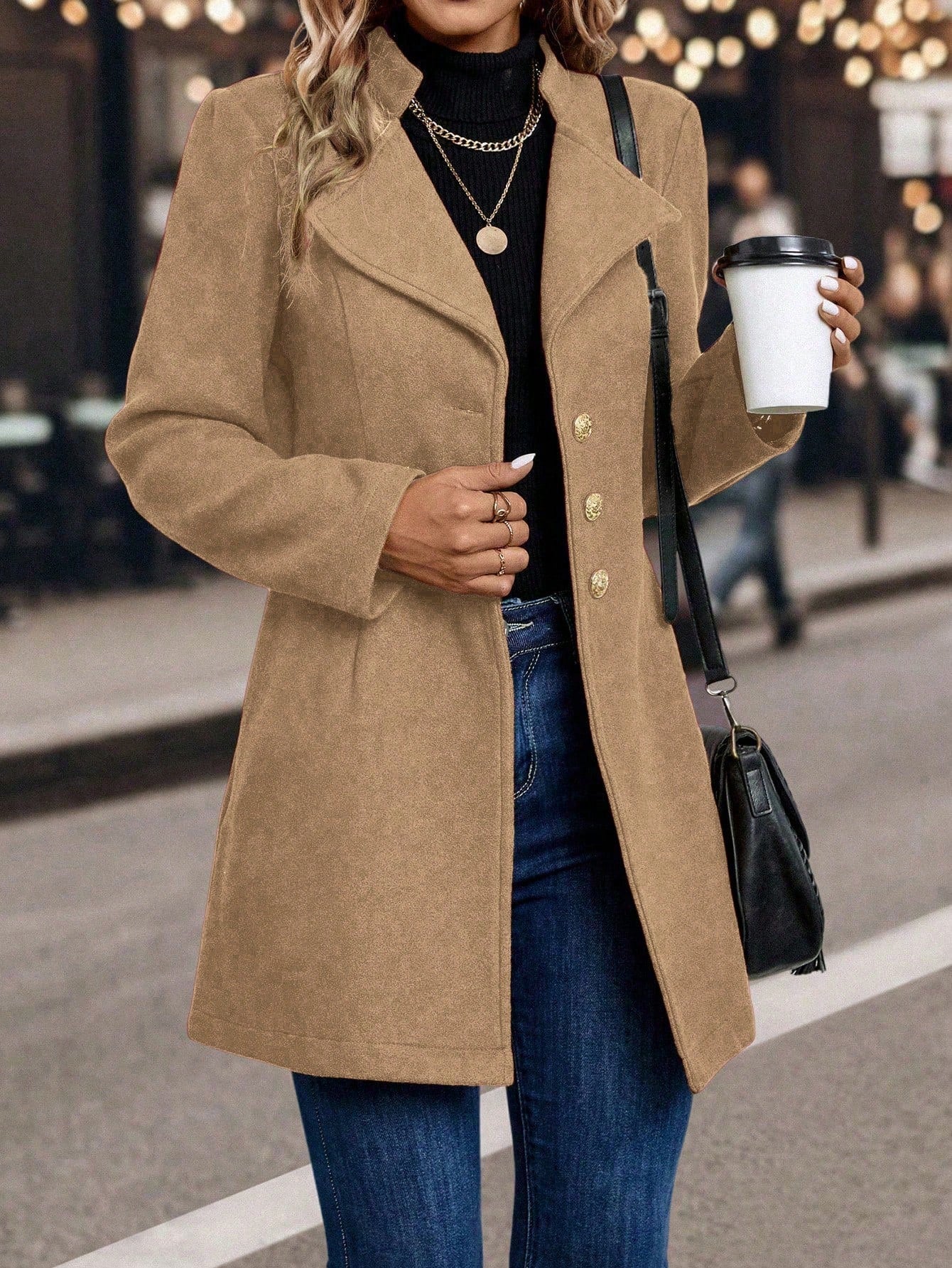 LUNE Solid Color Woolen Coat with Single Breasted Button