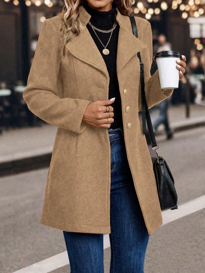 LUNE Solid Color Woolen Coat with Single Breasted Button