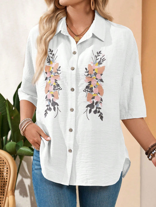 EMERY ROSE Floral Embroidered Women'S Linen Casual Summer Blouse Shirt