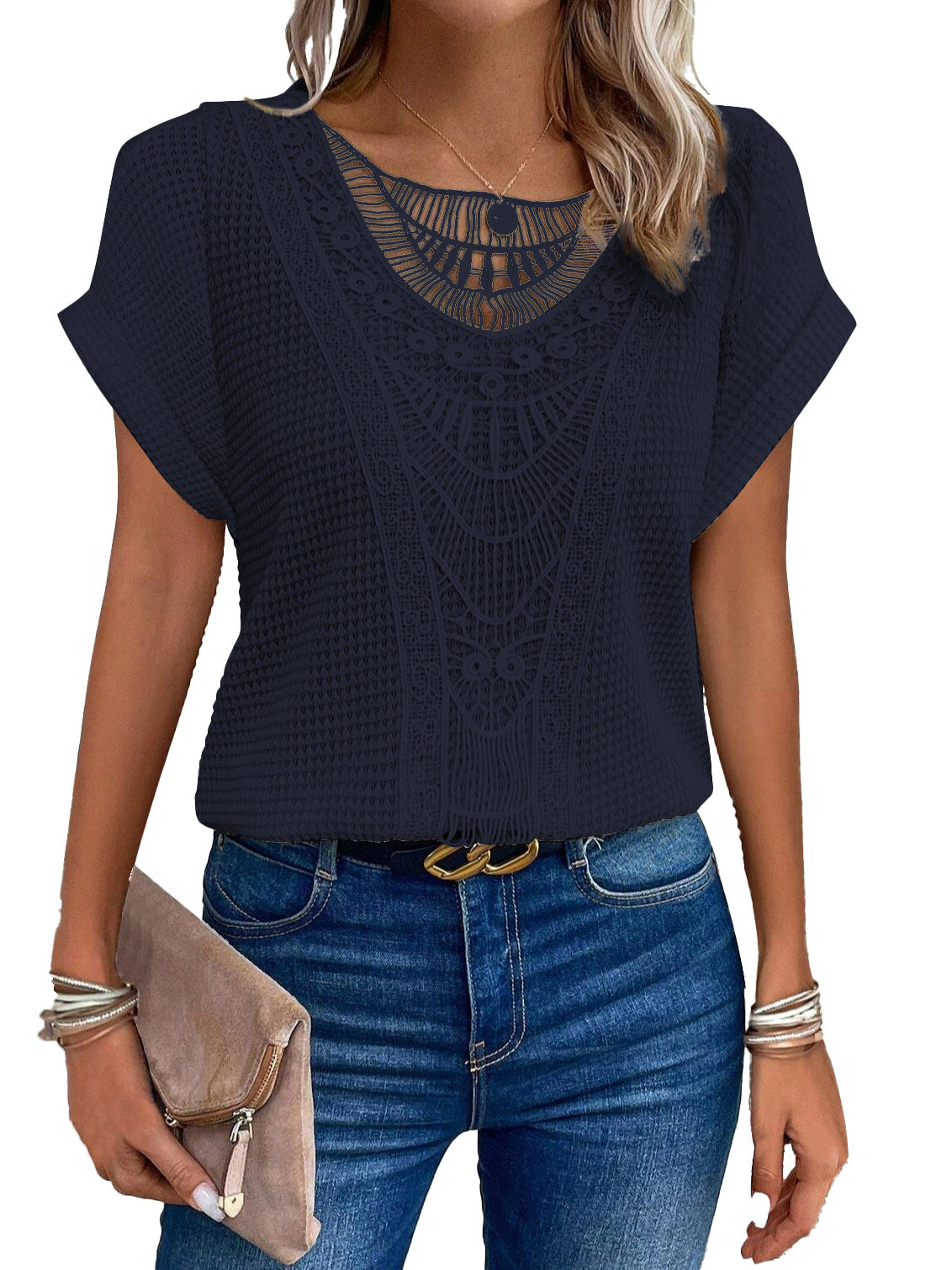 Summer Hollow Out Short-Sleeved T-Shirt Fashion Ethnic Style Tops Women'S Clothing