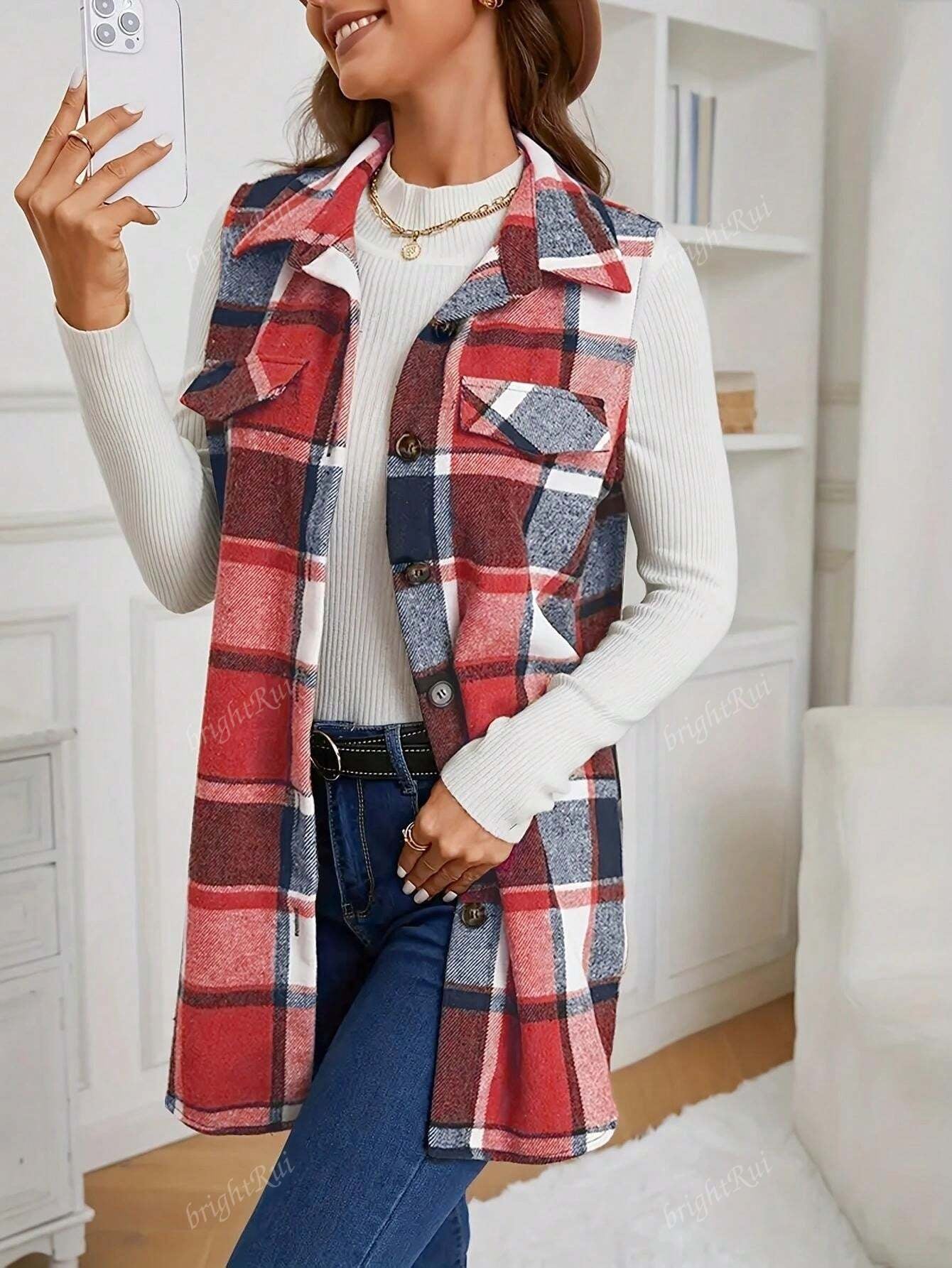 Check Print Sleeveless Jacket with Flap Details