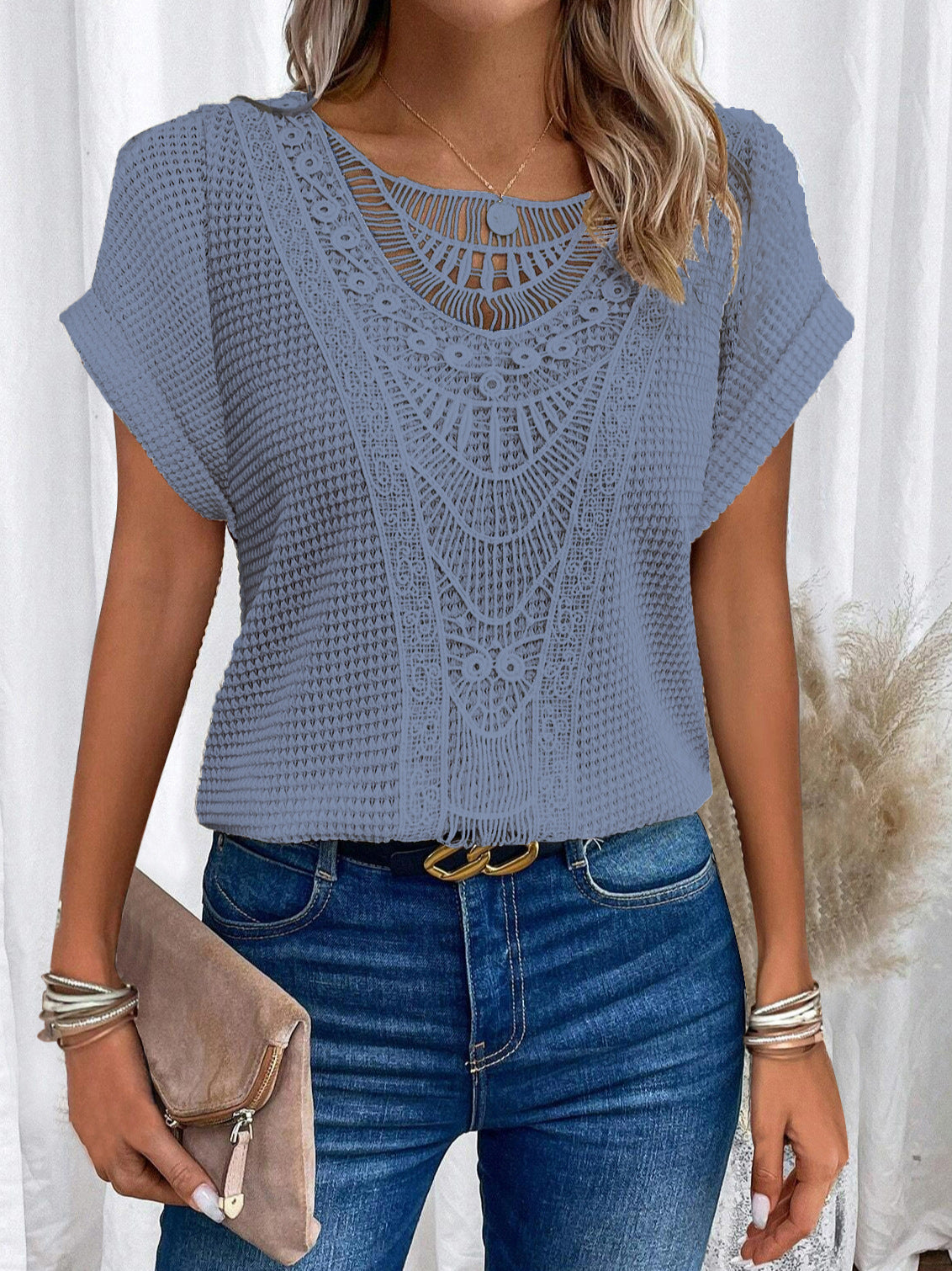 Summer Hollow Out Short-Sleeved T-Shirt Fashion Ethnic Style Tops Women'S Clothing