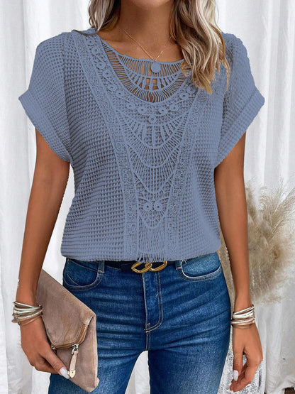 Summer Hollow Out Short-Sleeved T-Shirt Fashion Ethnic Style Tops Women'S Clothing
