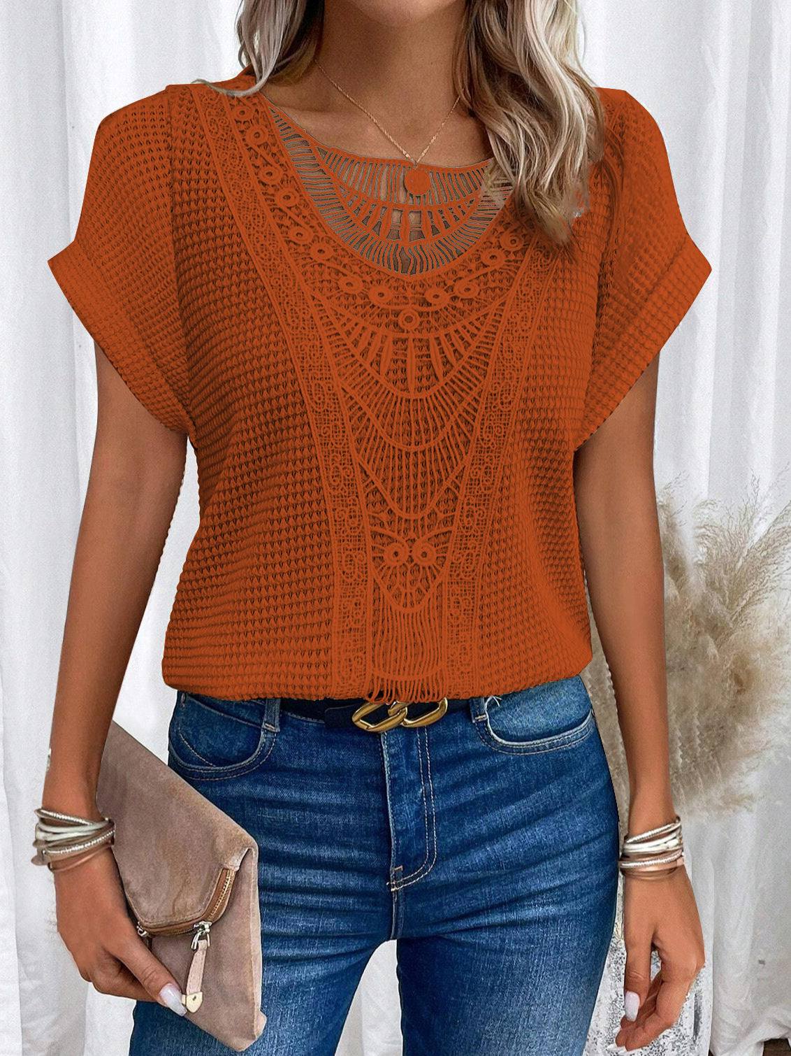Summer Hollow Out Short-Sleeved T-Shirt Fashion Ethnic Style Tops Women'S Clothing