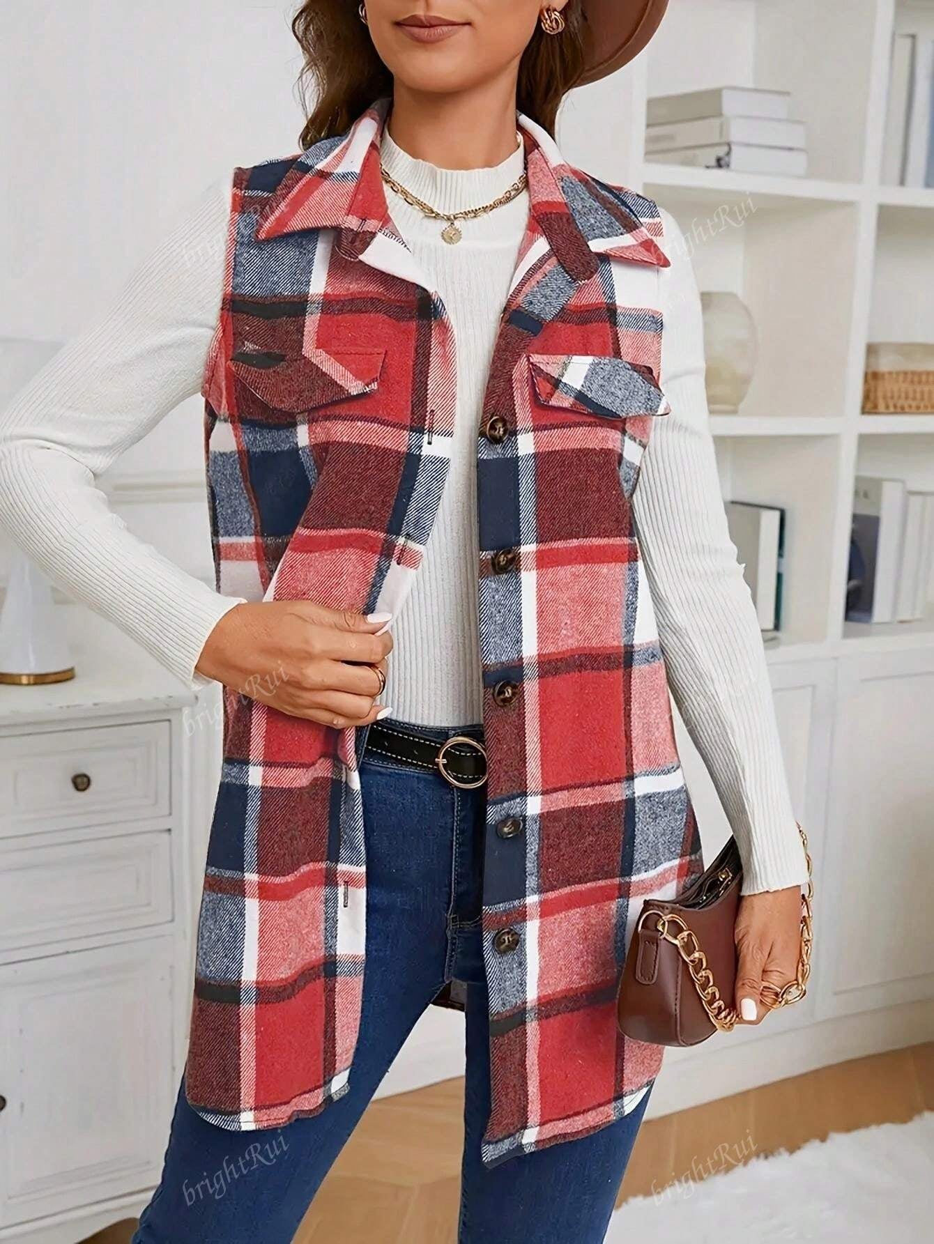 Check Print Sleeveless Jacket with Flap Details