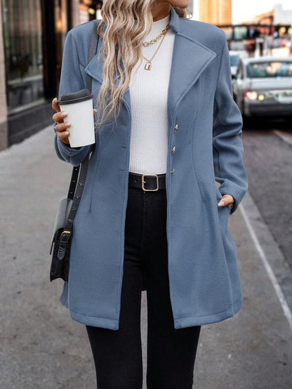 LUNE Solid Color Woolen Coat with Single Breasted Button