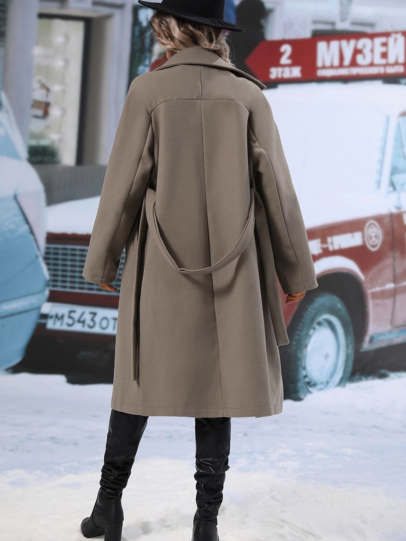 Rafferiza Lapel Neck Double Breasted Belted Overcoat