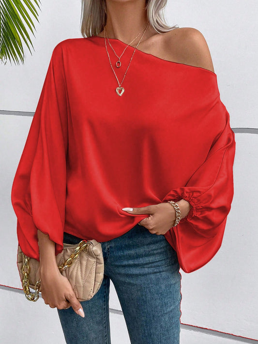 EMERY ROSE Asymmetric Neckline Lantern Sleeve Blouse for New Year Clothes One Shoulder Top
