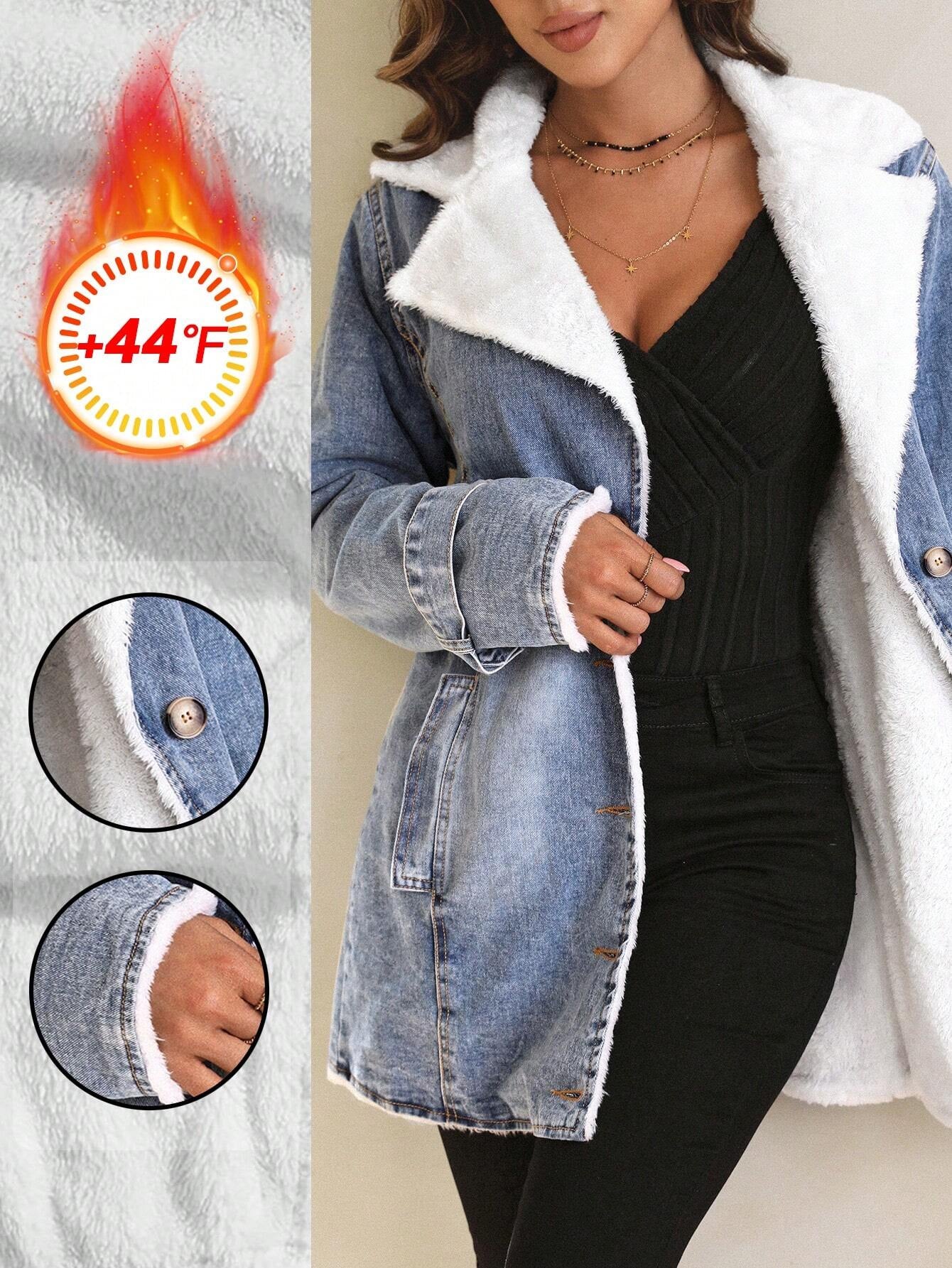 Luneh Women'S Color Block Collar Denim Jacket Plush Warm Denim Button Pocket Thickened Denim