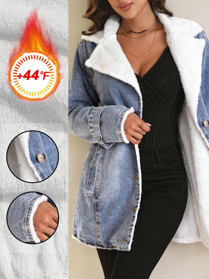 Luneh Women'S Color Block Collar Denim Jacket Plush Warm Denim Button Pocket Thickened Denim