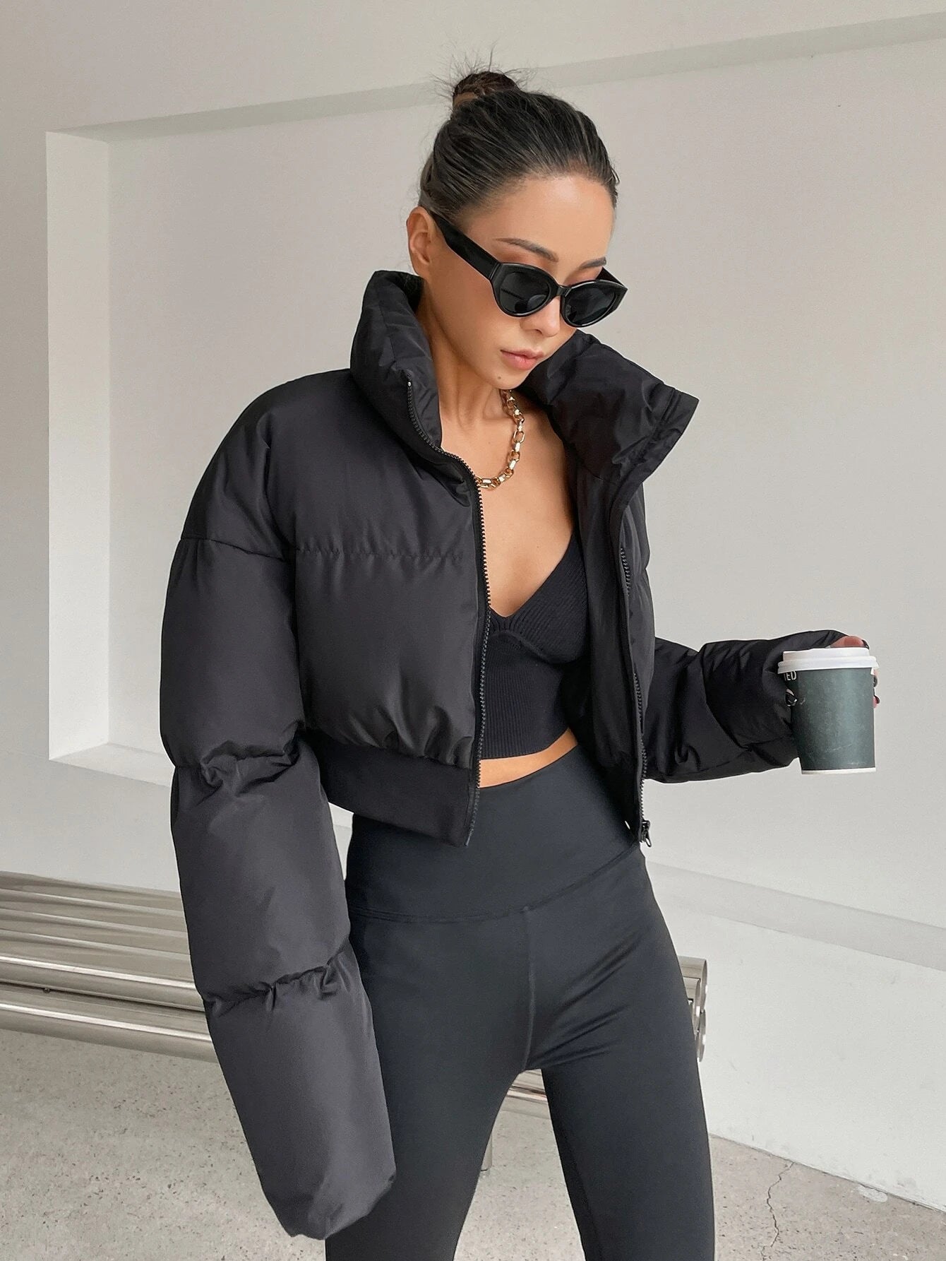 DAZY Drop Shoulder Zipper Puffer Thick Pockets Coat ,Winter Women Clothes,Winter Coat Women