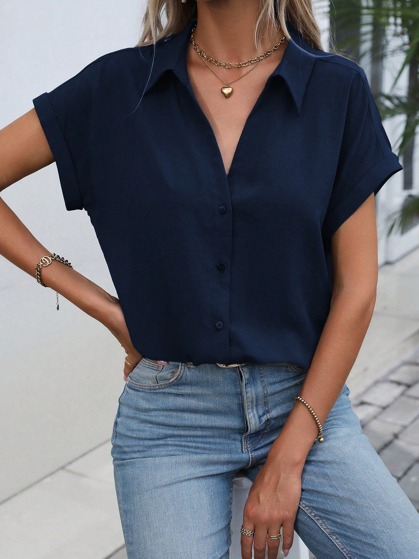 LUNE Solid Batwing Sleeve Shirt,Short Sleeve Tops