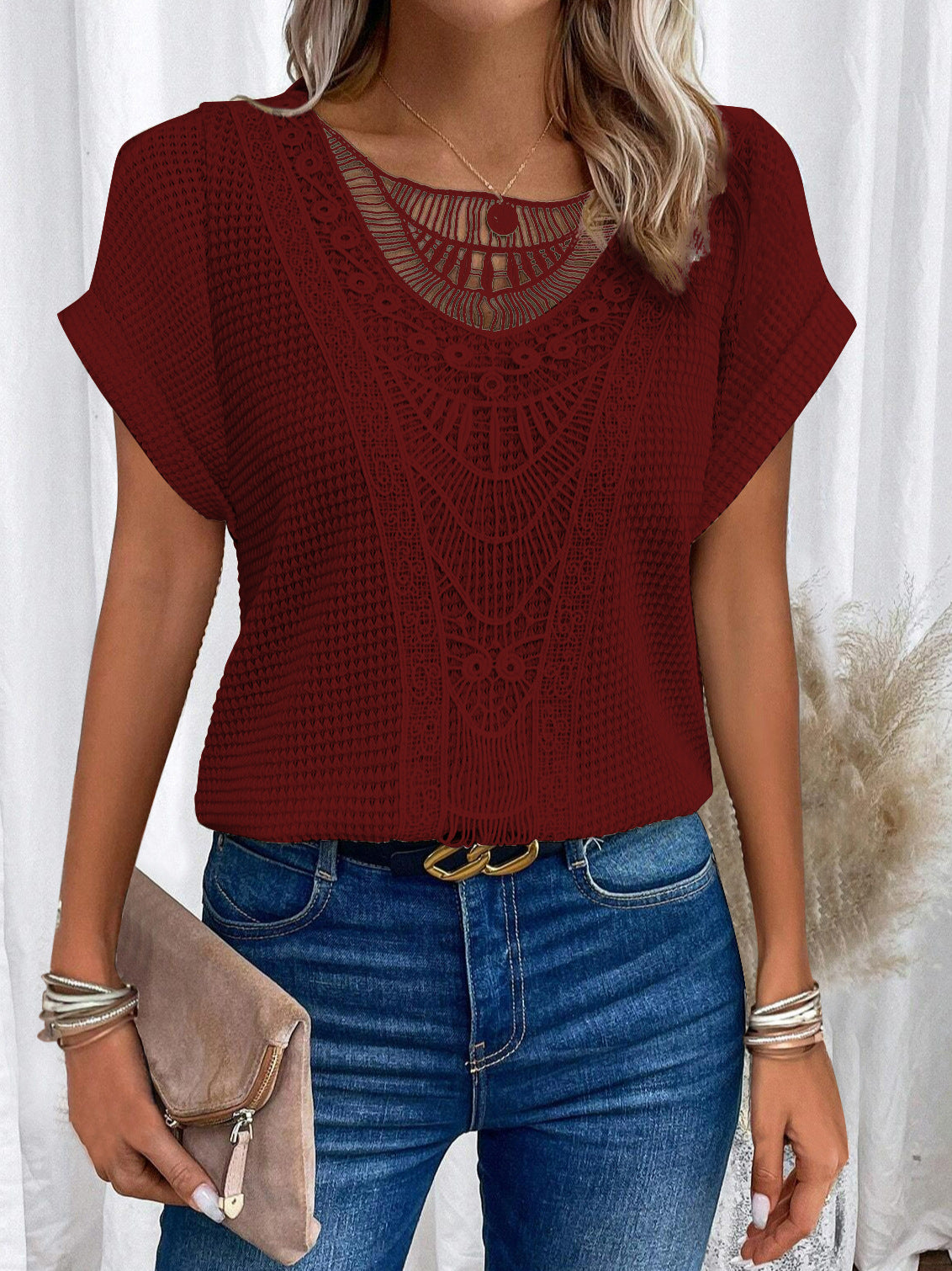 Summer Hollow Out Short-Sleeved T-Shirt Fashion Ethnic Style Tops Women'S Clothing