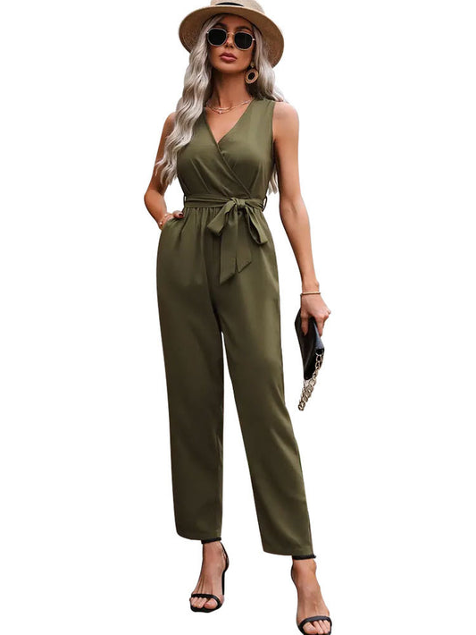 Elegant Commuter Sleeveless Cross Collar Waistline Lace-Up Jumpsuit