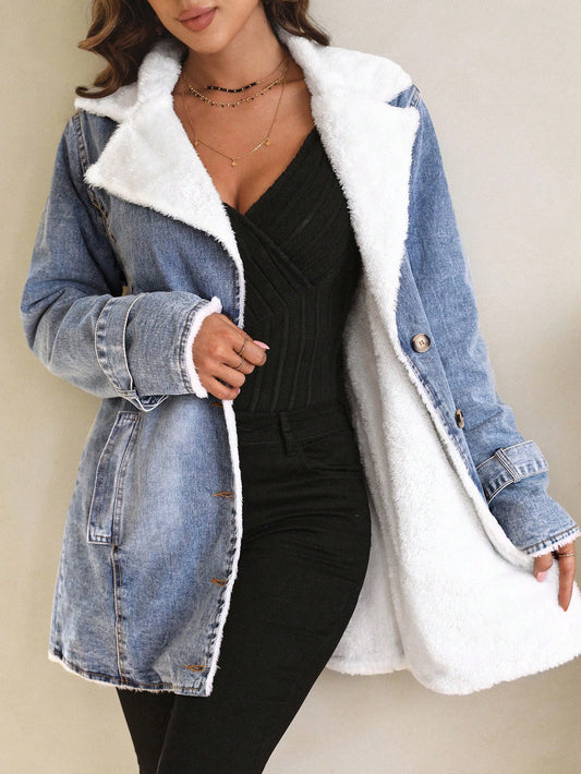 Luneh Women'S Color Block Collar Denim Jacket Plush Warm Denim Button Pocket Thickened Denim