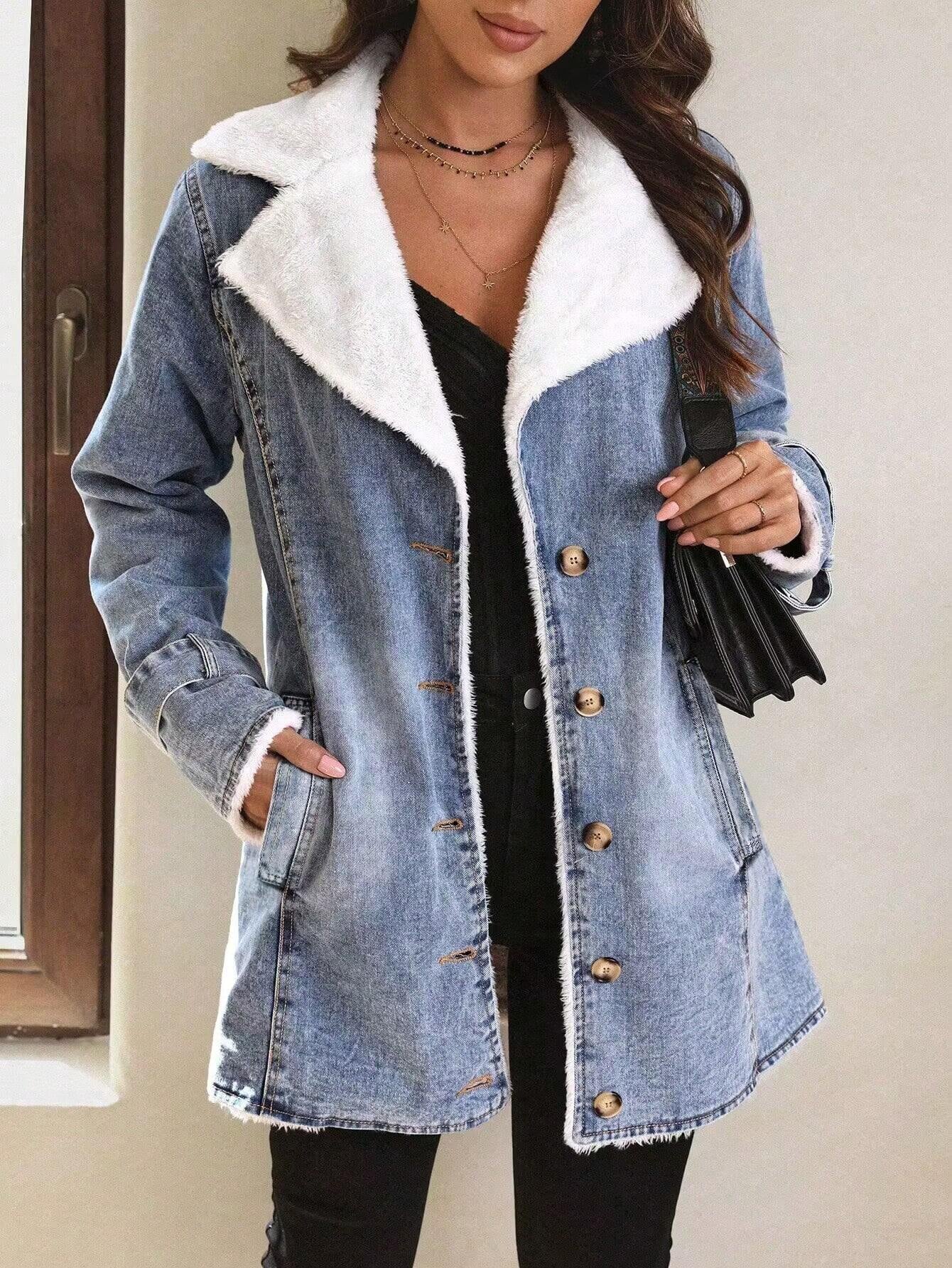 Luneh Women'S Color Block Collar Denim Jacket Plush Warm Denim Button Pocket Thickened Denim