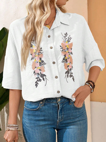 EMERY ROSE Floral Embroidered Women'S Linen Casual Summer Blouse Shirt