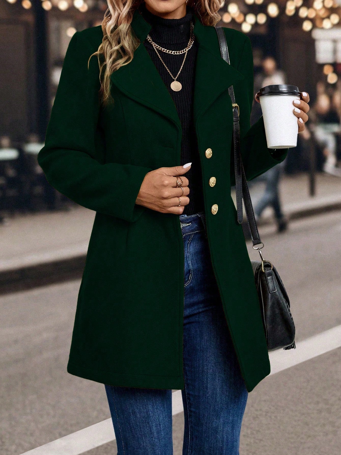 LUNE Solid Color Woolen Coat with Single Breasted Button