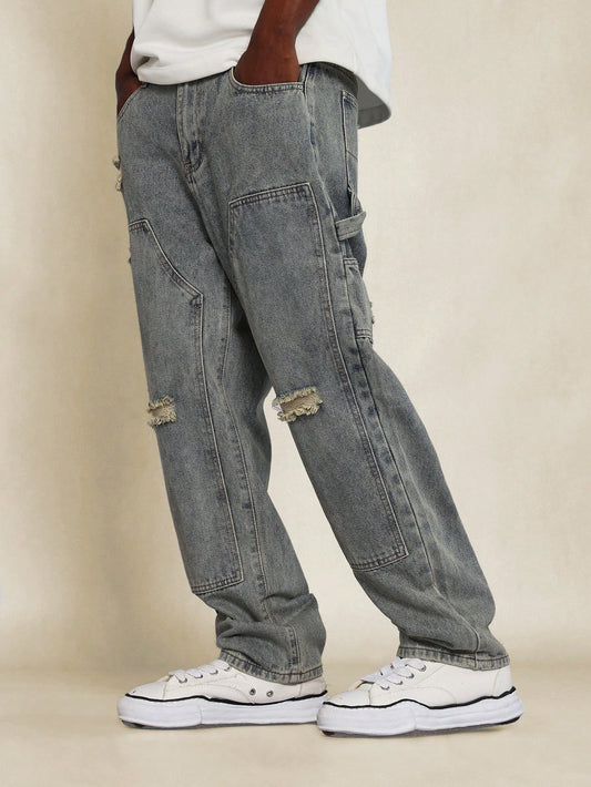 SUMWON Loose Fit Baggy Distressed Carpenter Jeans