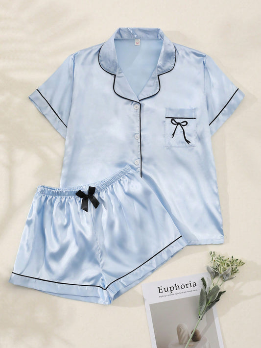 2Pcs/Set Women'S Bow Embroidered Satin Summer Pajama Set, Short Sleeve Button-Down Shirt and Shorts, Casual Loungewear for Summer.,Two Piece Set
