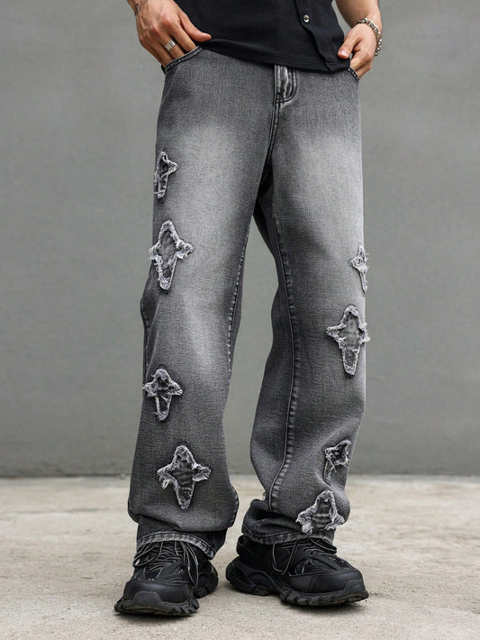 Men'S Straight Leg Jeans with Pocket, Star Patch, Street Style Loose Casual Pants