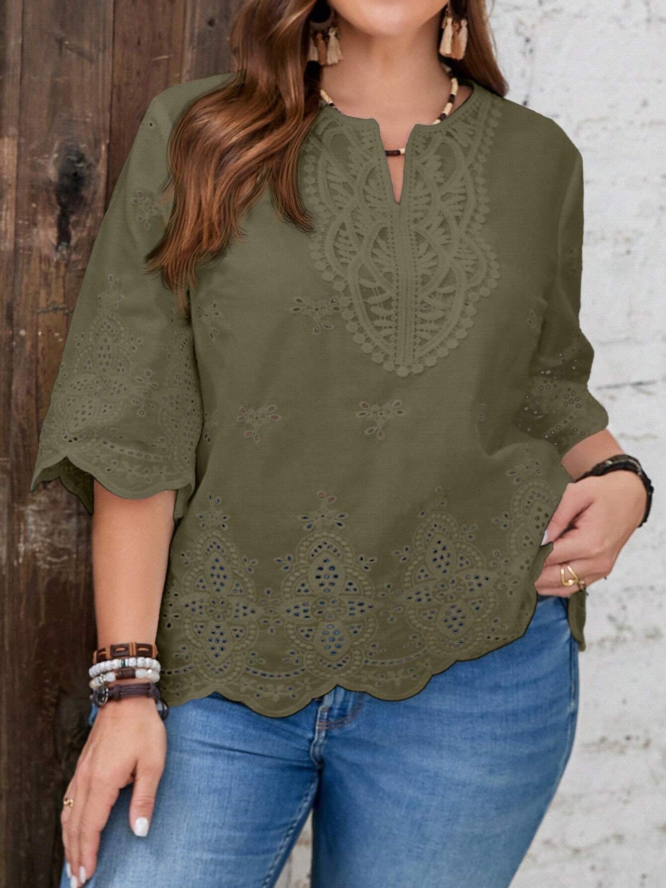 EMERY ROSE plus Size Summer Eyelet Embroidery Blouse