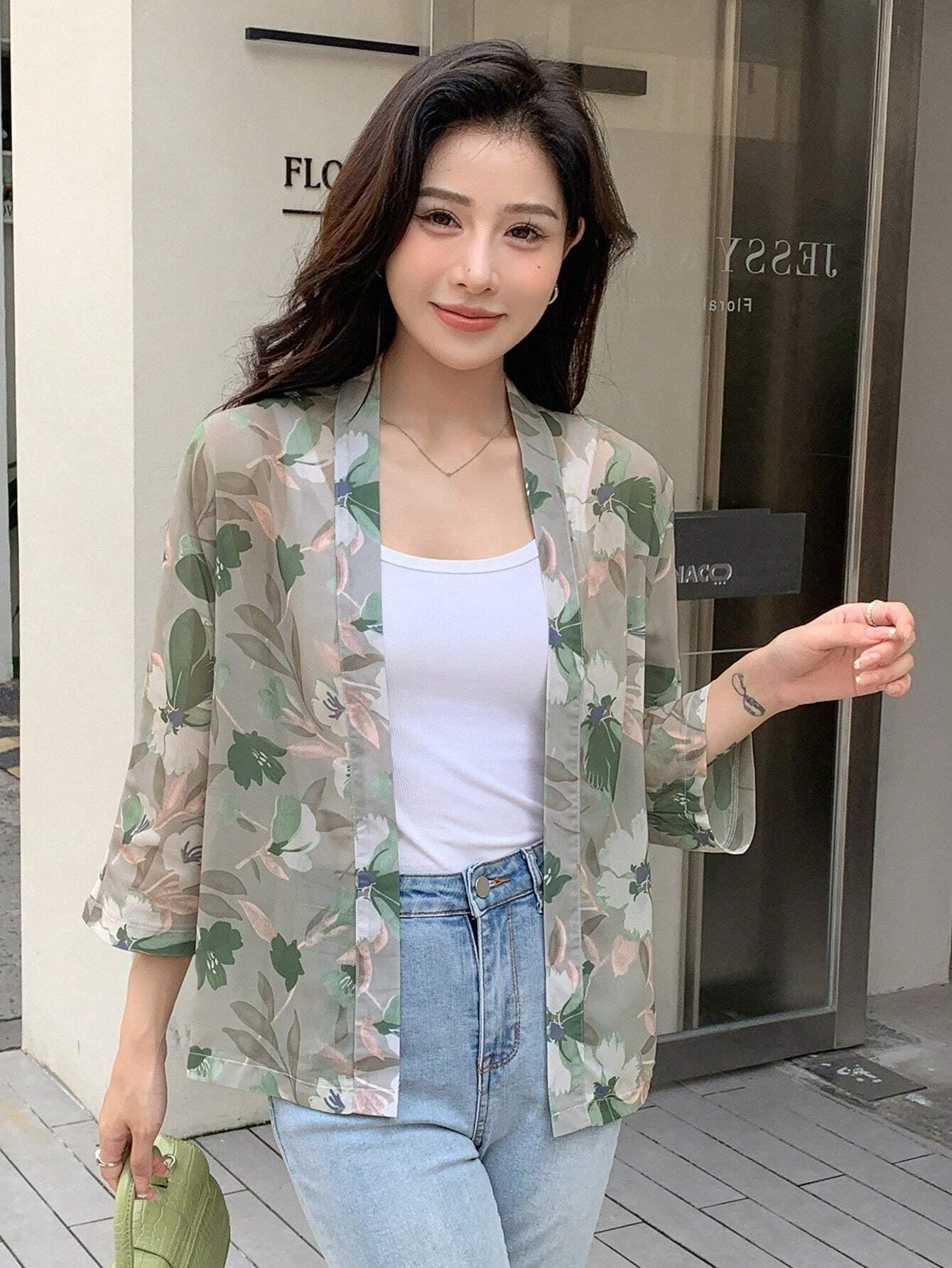 DAZY Floral Print Open Front Blouse