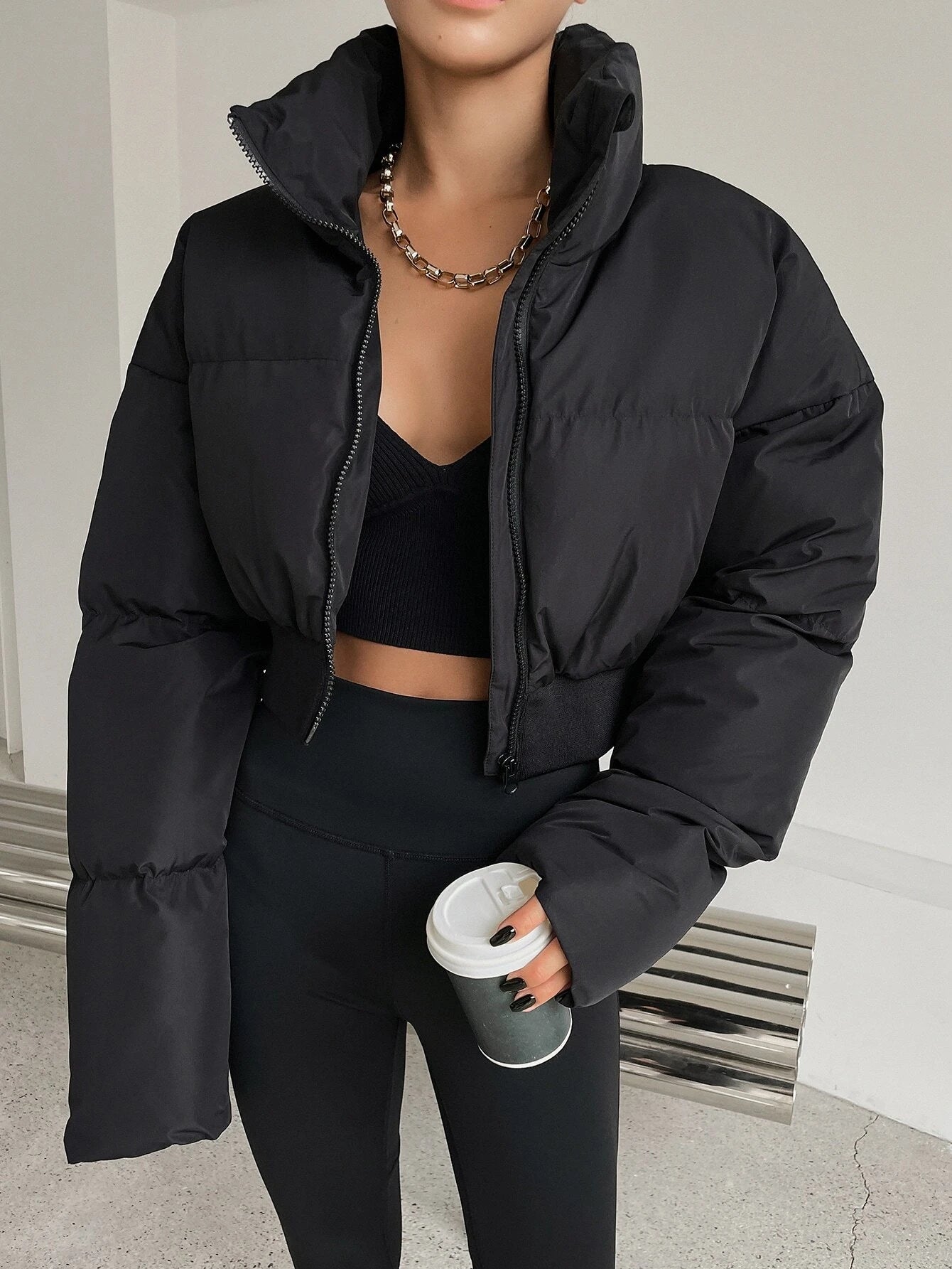 DAZY Drop Shoulder Zipper Puffer Thick Pockets Coat ,Winter Women Clothes,Winter Coat Women