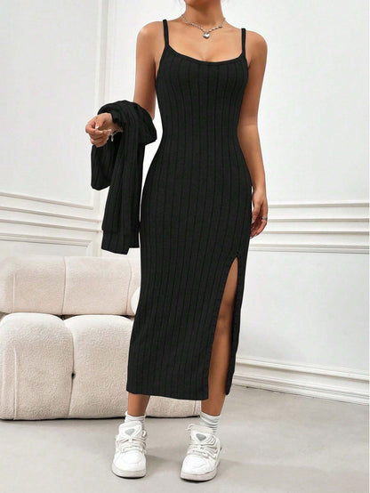Flirla Fleece Casual Simple Spaghetti Strap Dress and Coat