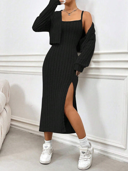 Flirla Fleece Casual Simple Spaghetti Strap Dress and Coat