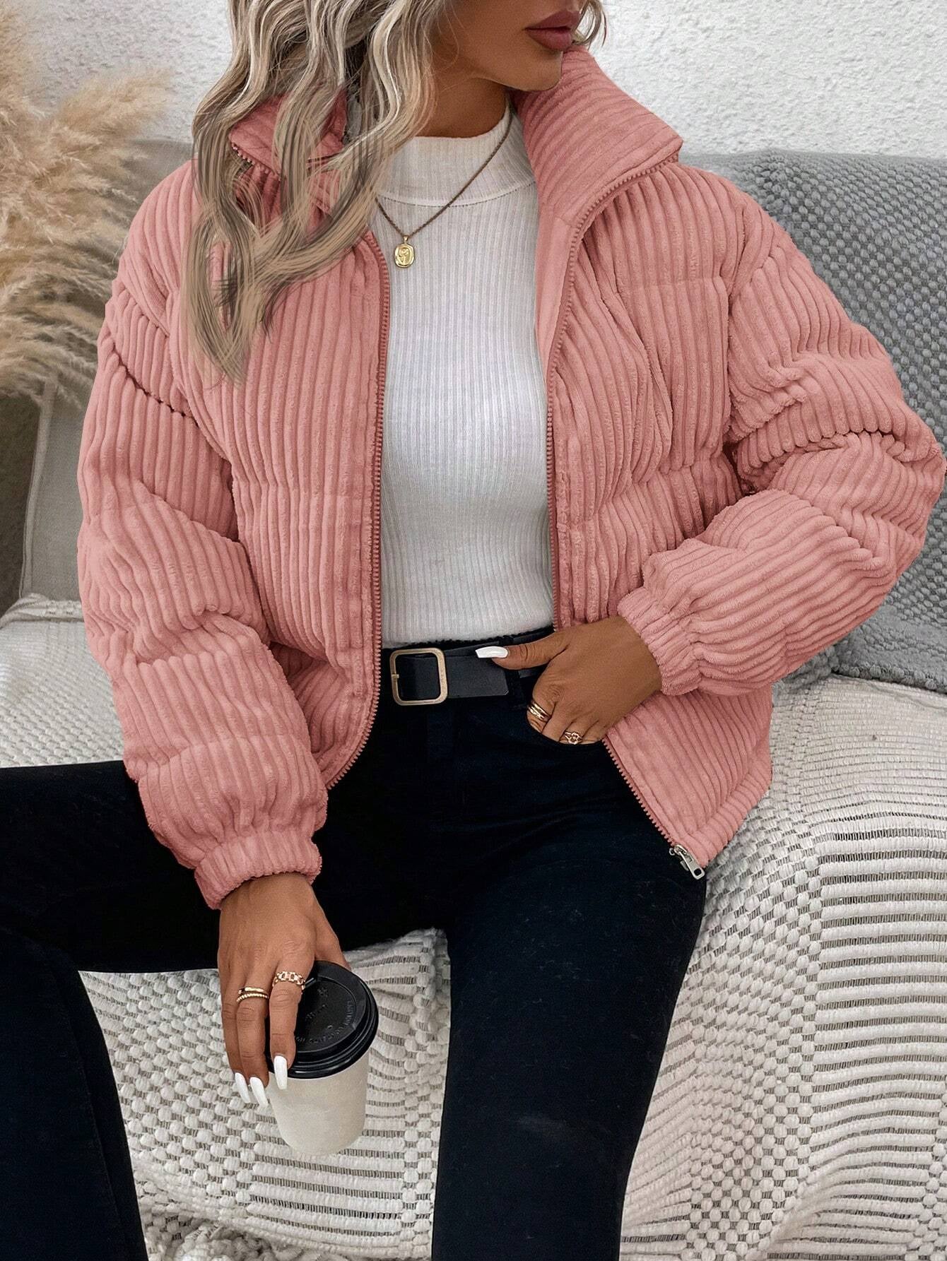 LUNE Solid Color Winter Corduroy Padded Coat, Simple Style