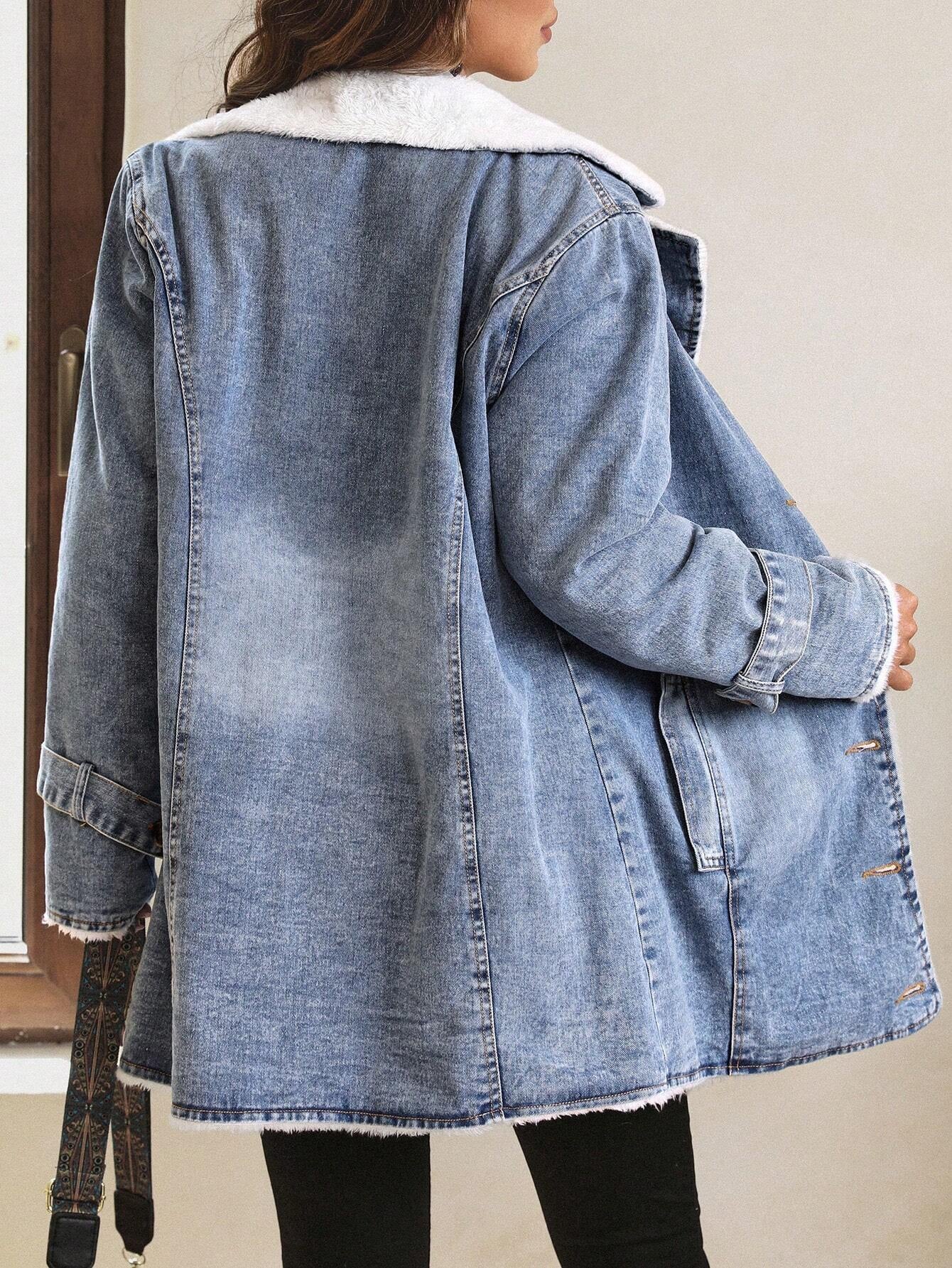 Luneh Women'S Color Block Collar Denim Jacket Plush Warm Denim Button Pocket Thickened Denim