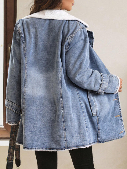Luneh Women'S Color Block Collar Denim Jacket Plush Warm Denim Button Pocket Thickened Denim