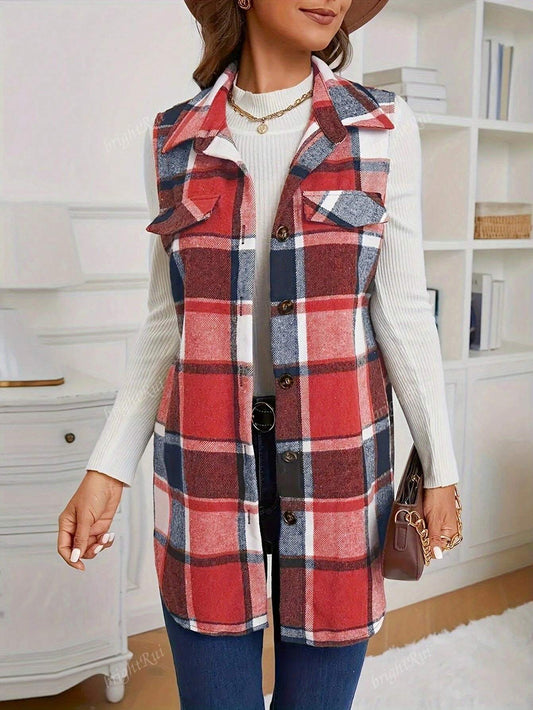 Check Print Sleeveless Jacket with Flap Details