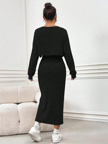 Flirla Fleece Casual Simple Spaghetti Strap Dress and Coat