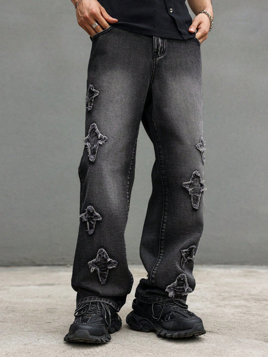 Men'S Pocketed 5-Pointed Star Patch Straight-Leg Casual Street Style Loose Fit Jeans