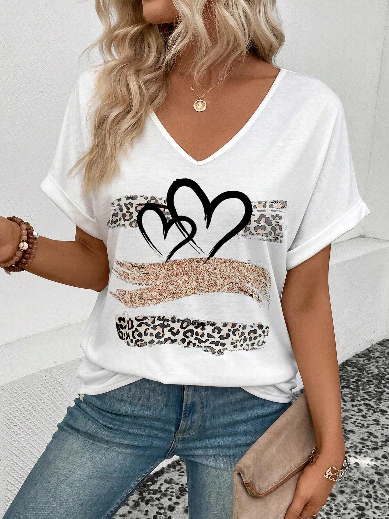 INAWLY Leopard Heart Printed T-Shirt Graphic Cheetah Print Tees Women Tops