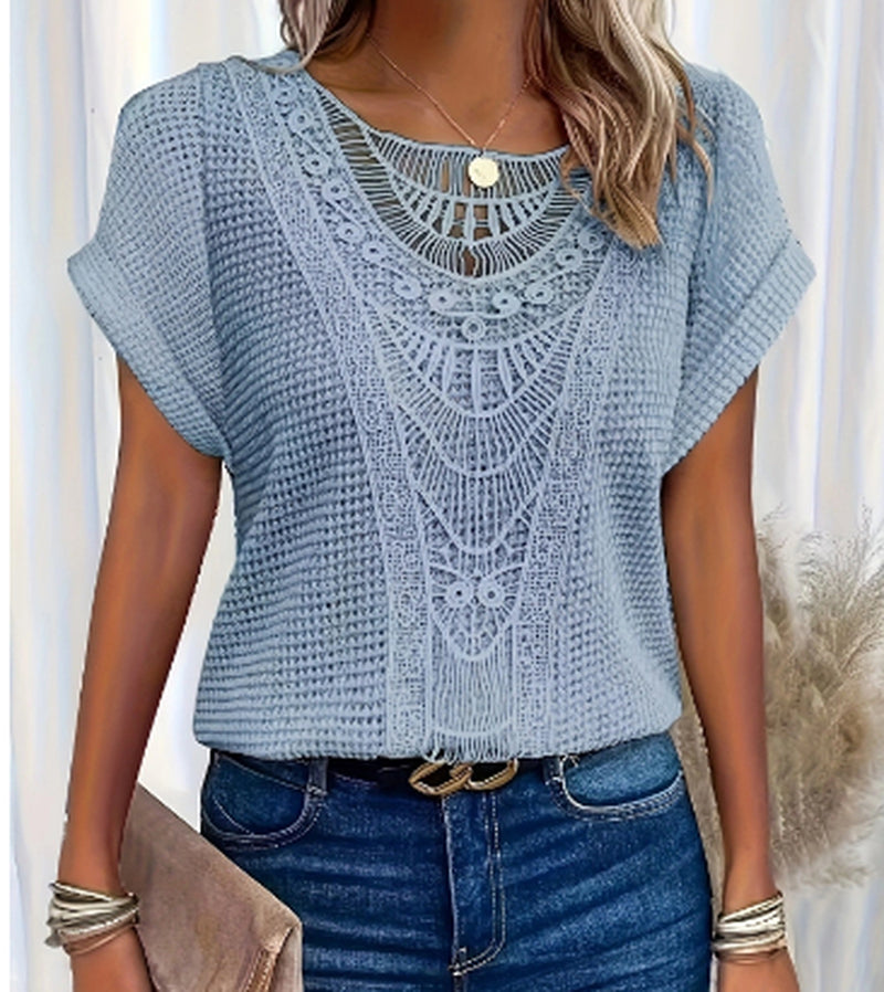 Summer Hollow Out Short-Sleeved T-Shirt Fashion Ethnic Style Tops Women'S Clothing