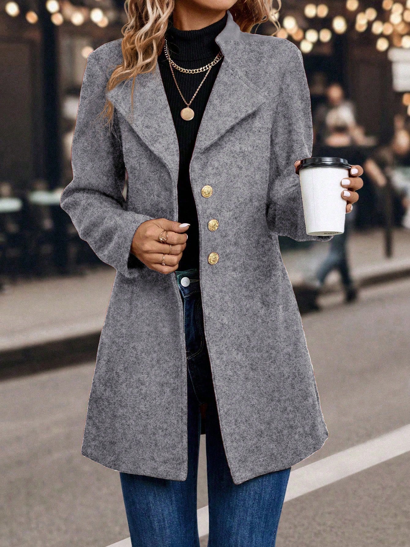 LUNE Solid Color Woolen Coat with Single Breasted Button