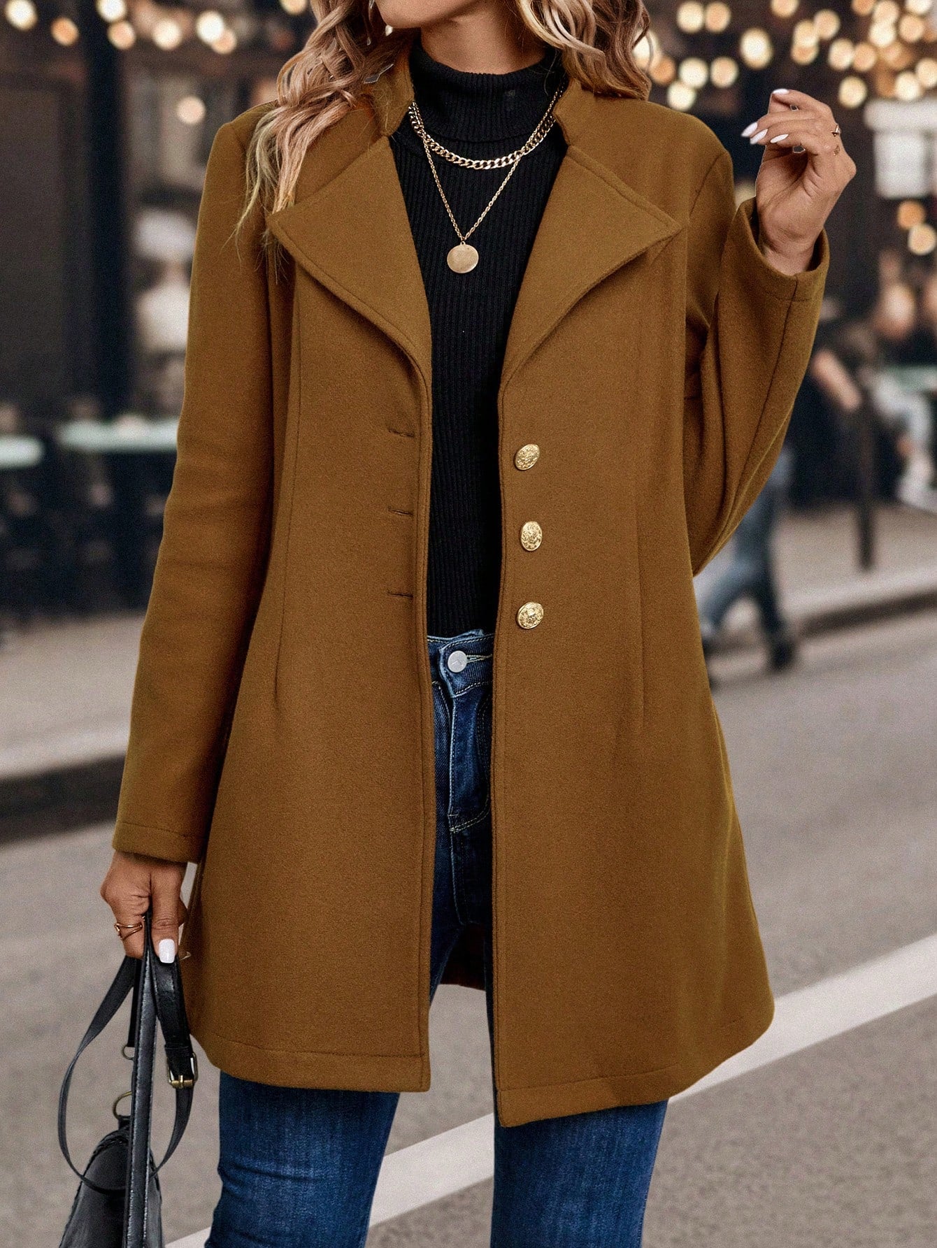 LUNE Solid Color Woolen Coat with Single Breasted Button