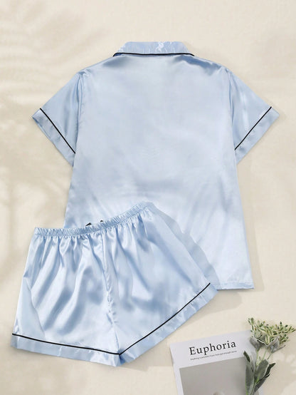 2Pcs/Set Women'S Bow Embroidered Satin Summer Pajama Set, Short Sleeve Button-Down Shirt and Shorts, Casual Loungewear for Summer.,Two Piece Set
