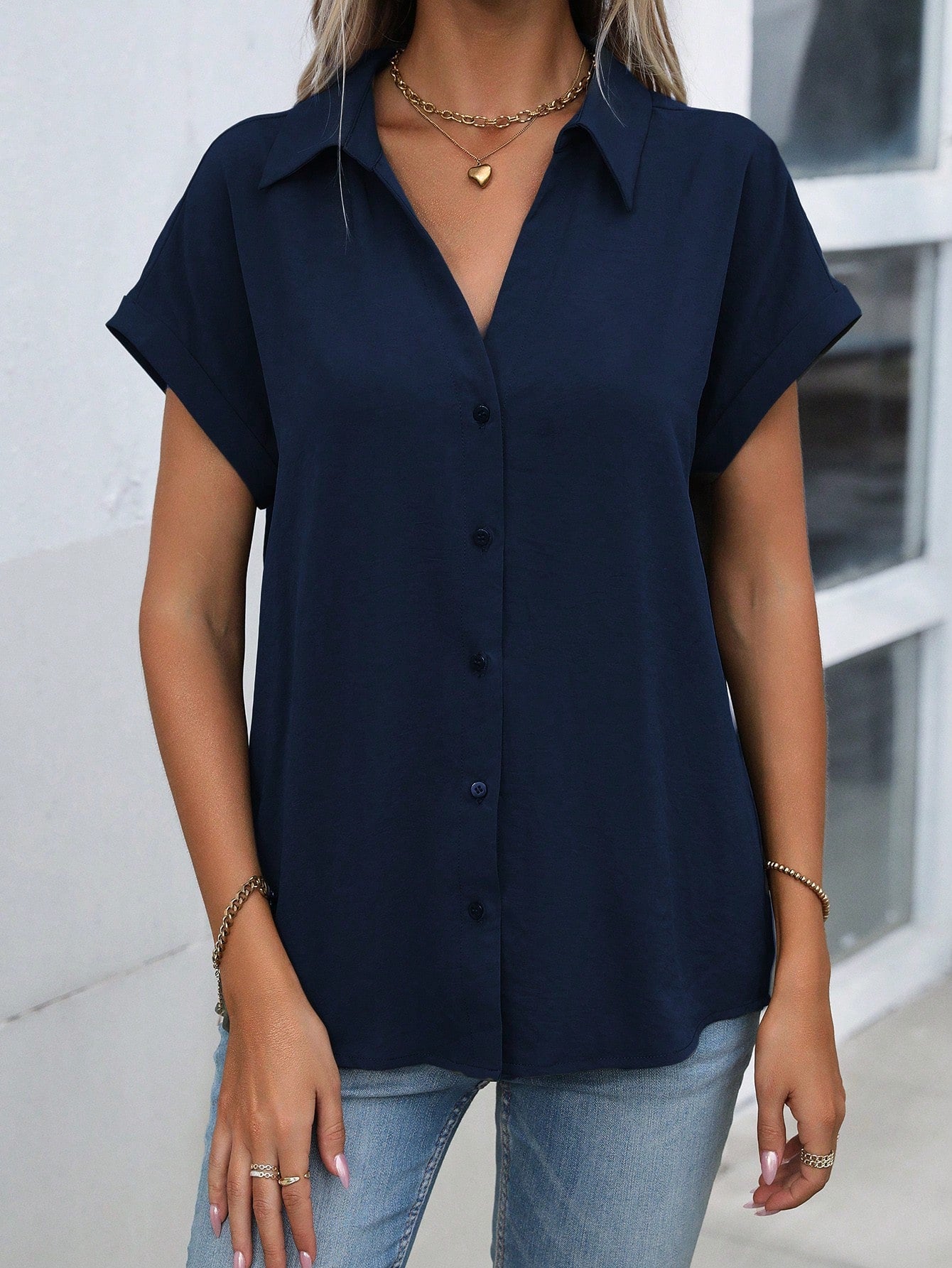 LUNE Solid Batwing Sleeve Shirt,Short Sleeve Tops