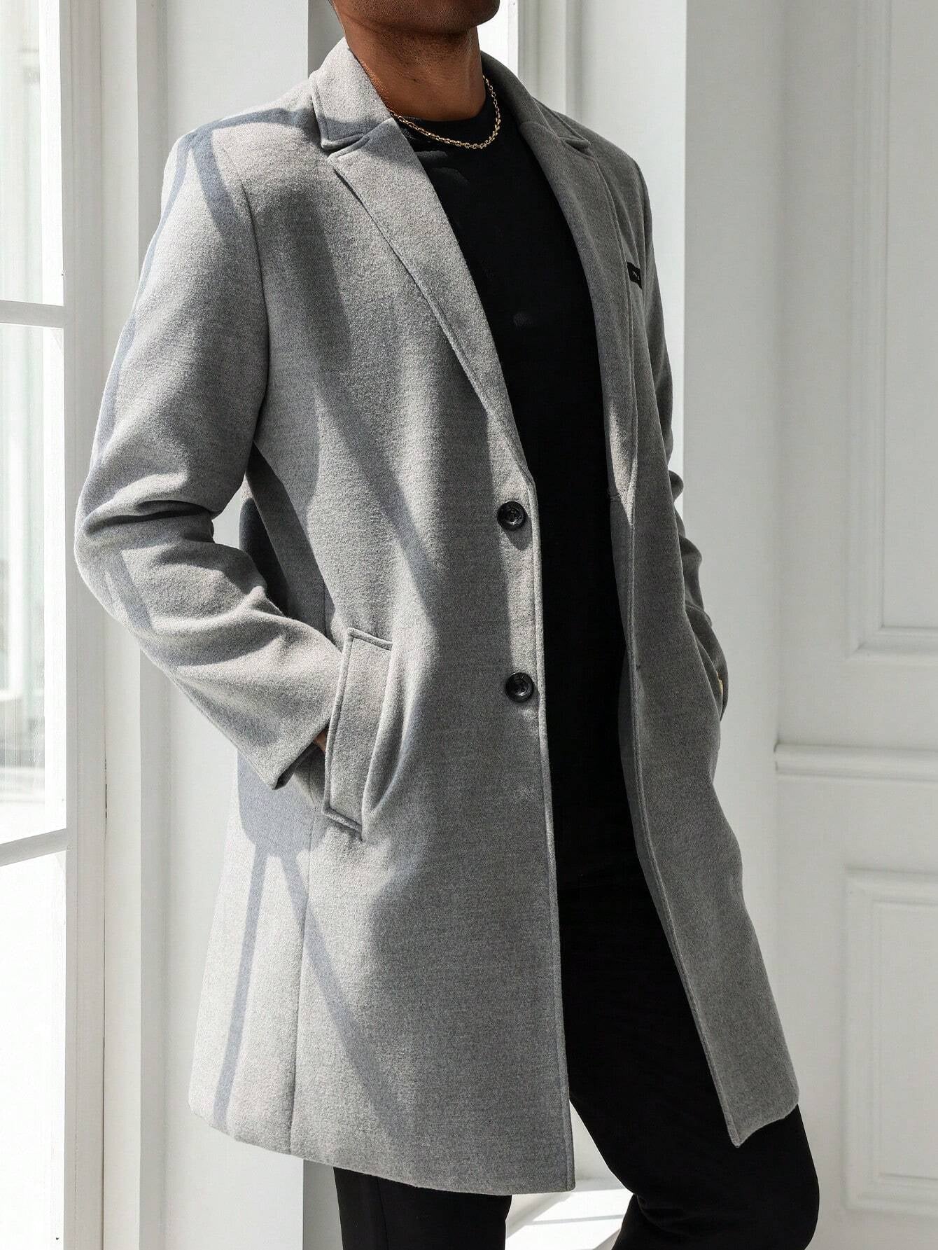 Manfinity Mode Men'S Solid Color Minimalist Daily Wear Long Sleeve Woolen Coat